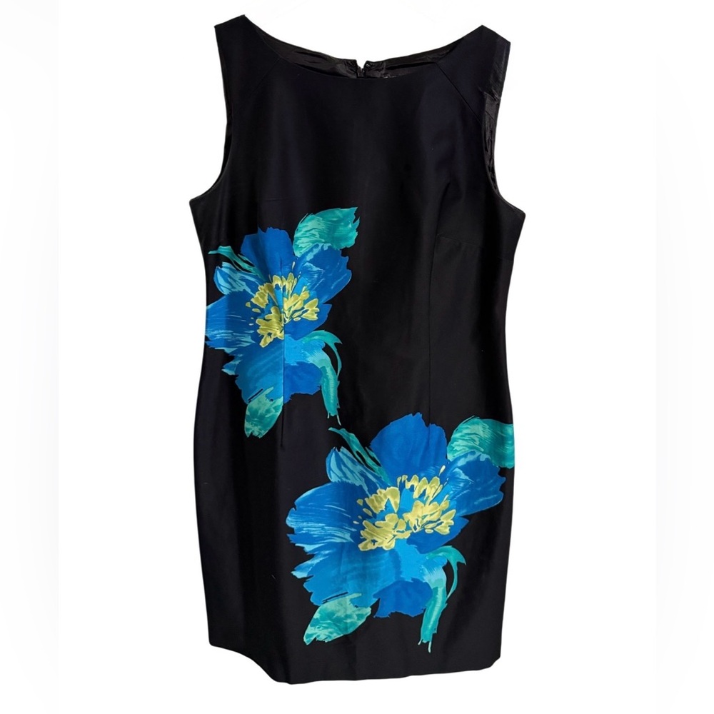 Sandra Darren Elegant Black Dress with Blue Floral Design